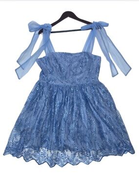 Audrey Parks Blue Floral Tulle Tie Shoulder Mini Dress Women's XL
